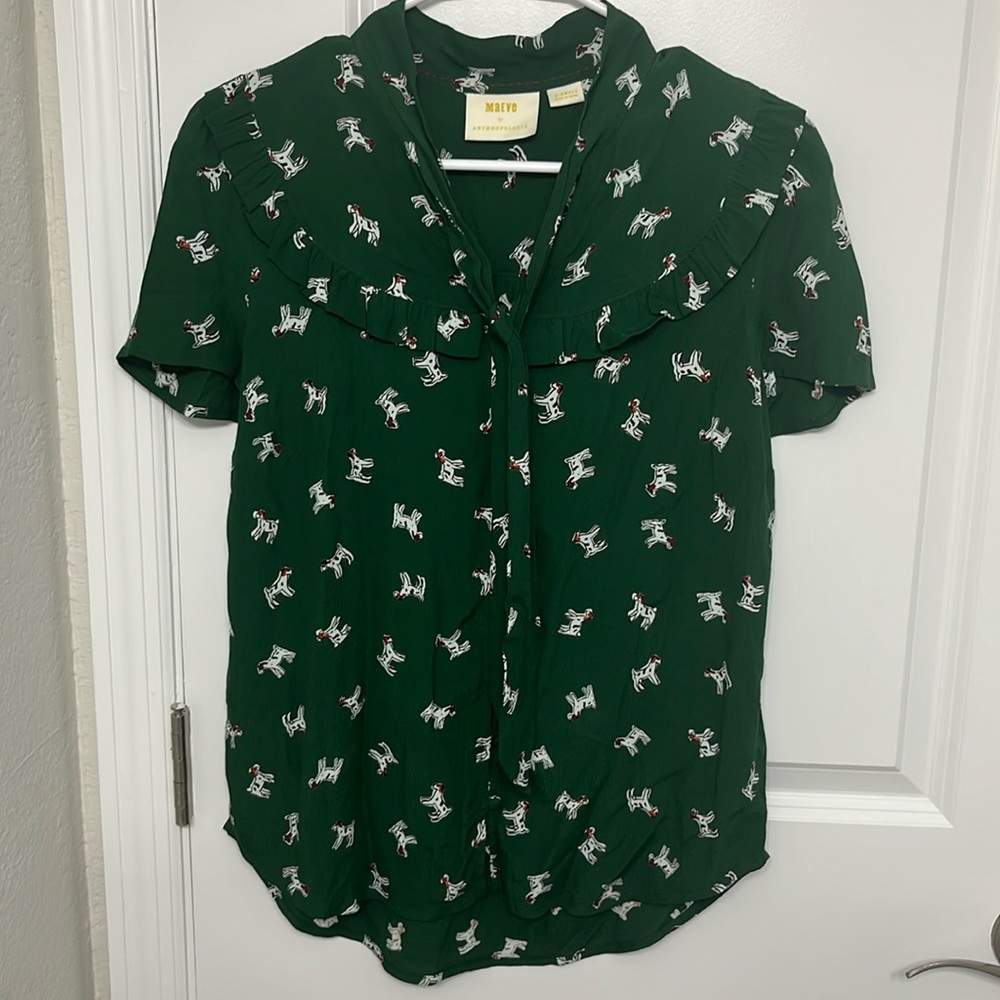 Adagio Ruffled Blouse Green Dog Print By Maeve From Anthropologie XS